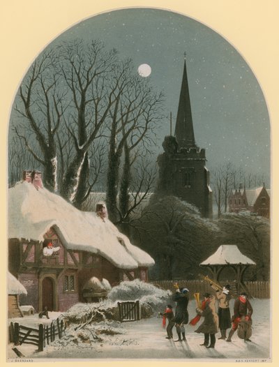 Victoriaanse kerstscène met band die in de sneeuw speelt door John Brandard