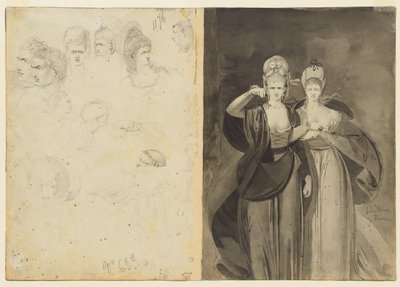 Schetsen van hoofden verso, links, twee vrouwen verso, rechts, c. 1770-1775 door John Brown