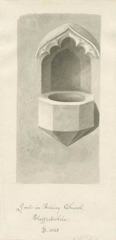 Doopvont in Ashley Kerk: sepia tekening, 1843 door John Buckler