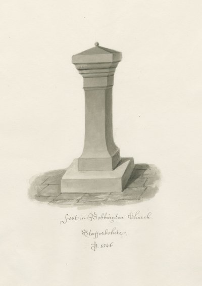 Doopvont in Bobbington Kerk: sepia tekening door John Buckler