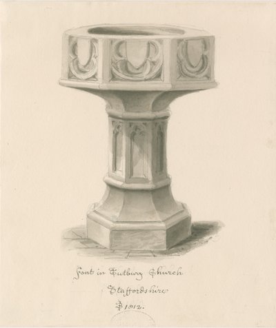 Doopvont in Tutbury Priory Kerk: sepia wassing tekening door John Buckler