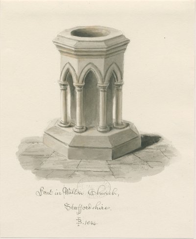 Doopvont in Walton-on-the-Hill Kerk: sepia wassing tekening door John Buckler