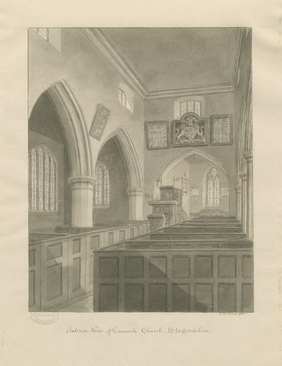 Interieur van Cannock Kerk: sepia tekening door John Buckler