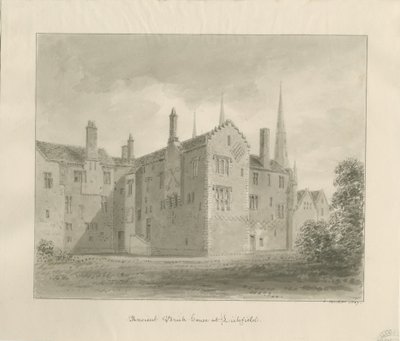 Lichfield - Oud Huis in The Close: sepia tekening door John Buckler