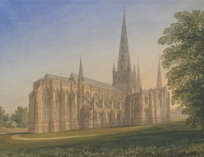 Lichfield Kathedraal - Noordoostaanzicht: aquarel, nd [1770-1851] door John Buckler