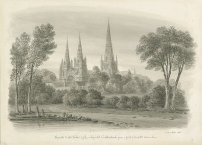 Lichfield Kathedraal - Zuidwestelijke Aanblik: sepia tekening door John Buckler