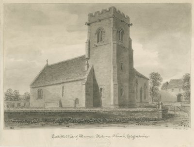 Mavesyn Ridware Kerk: sepia tekening, 1839 door John Buckler