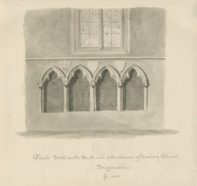 Norbury Church - Priesterstallen: sepia was tekening, 1843 door John Buckler