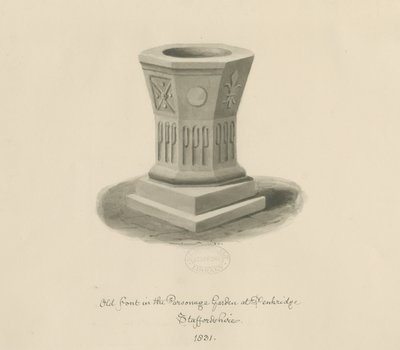 Penkridge - Doopvont in de pastorie tuin: sepia tekening door John Buckler