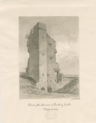 Tutbury Kasteel: sepia wassing tekening door John Buckler