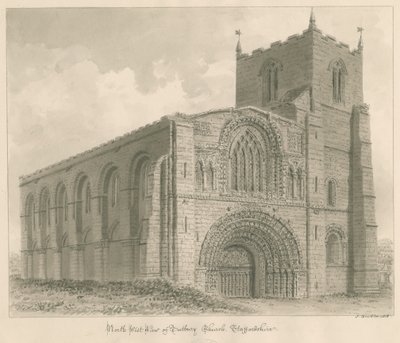 Tutbury Priory Kerk: sepia tekening door John Buckler