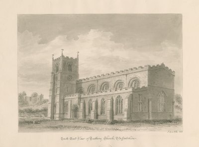 Tutbury Priory Kerk: sepia was tekening, 1812 door John Buckler