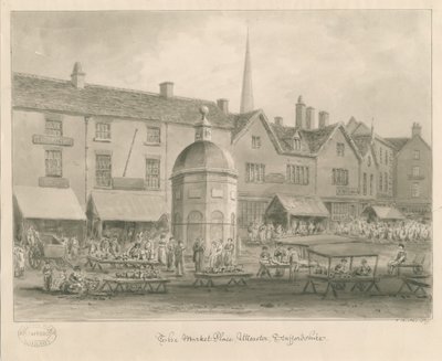 Uttoxeter Stad - Marktplein: sepia wassing tekening door John Buckler