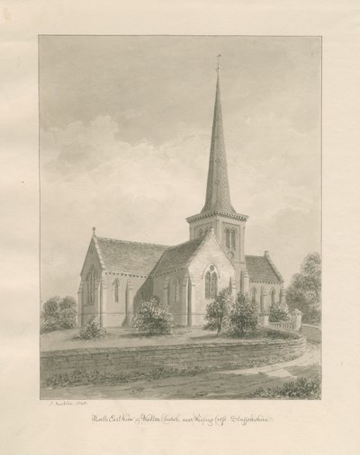 Walton-on-the-Hill Kerk: sepia wassing tekening door John Buckler