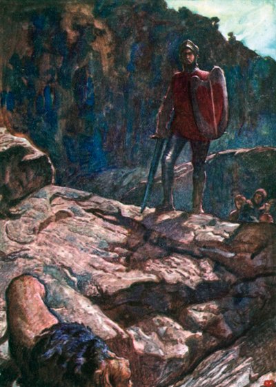 Groothart drijft de leeuw terug (kleurenlitho) door John Byam Liston Shaw