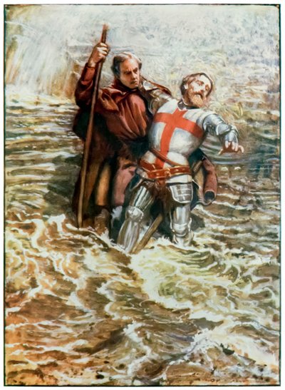 Hopeful helpt Christian de rivier over te steken vanuit De Pelgrimsreis van Deze Wereld naar Die Welke Komt door John Bunyan, illustratie door Byam Shaw door John Byam Liston Shaw