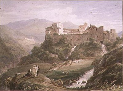 Italiaans landschap met klooster door John Byrne