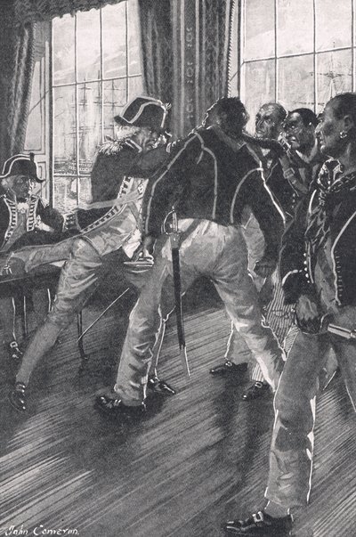 Een scène aan boord van het vlaggenschip tijdens de muiterij van de Nore, illustratie uit 
