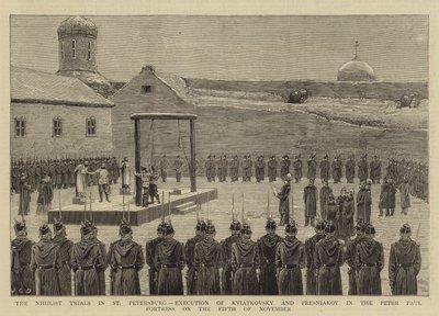 De nihilistische processen in Sint-Petersburg, executie van Kviatkovsky en Presniakov in de Peter Paul-vesting op 5 november 1880 door John Charles Dollman