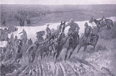 Artillerie die de Caledon oversteekt bij Karreepoort Drift, illustratie uit Na Pretoria: De Guerrillaoorlog, 1902 door John Charlton