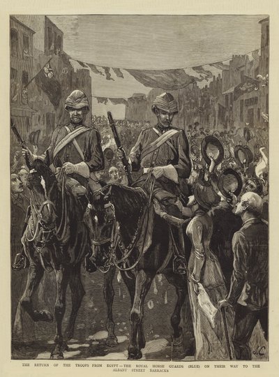 De terugkeer van de troepen uit Egypte, de Royal Horse Guards (Blauw) op weg naar de Albany Street Barracks door John Charlton