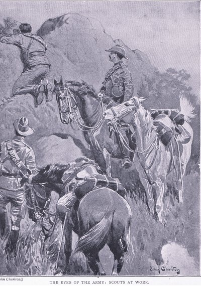 De ogen van het leger, verkenners aan het werk, uit Na Pretoria: De Guerrillaoorlog gepubliceerd door Harmsworth Bros Limited, 1901 door John Charlton