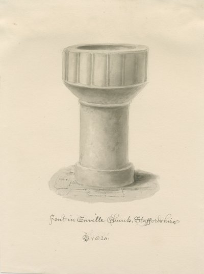 Doopvont in Enville Kerk: sepia tekening, 1820 door John Chessell Buckler