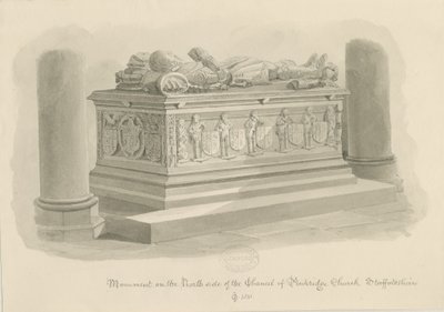Penkridge Church - Graf van [Sir Edward Littleton]: sepia tekening door John Chessell Buckler