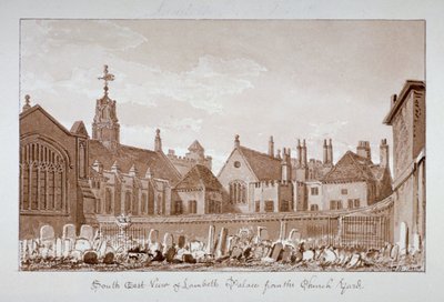 Zuidoostelijk uitzicht op Lambeth Palace vanaf het kerkhof, Londen, 1828 door John Chessell Buckler