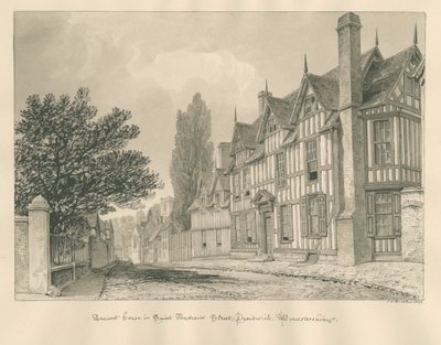 Worcestershire - Droitwich - Sint-Andreassstraat Oud Huis: sepia tekening door John Chessell Buckler
