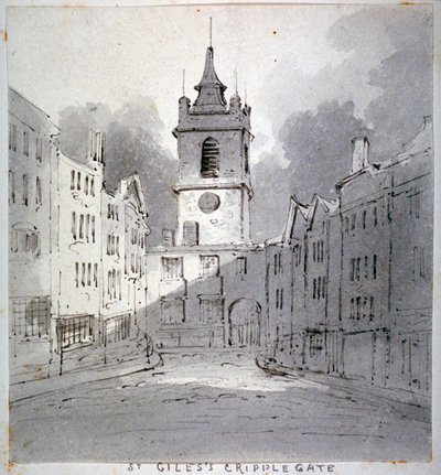 Kerk van St Giles zonder Cripplegate vanaf Fore Street, City of London, 1790 door John Claude Nattes