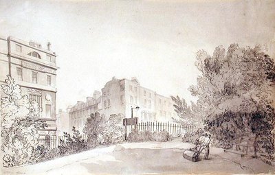 Uitzicht op Fitzroy Square met Twee Figuren die een Tuinwals trekken, c.1808 door John Claude Nattes