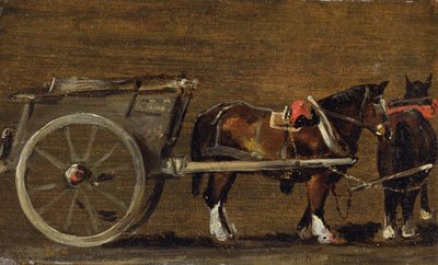 Een Boerenkar met twee Paarden in Harnas: Een Studie voor de Kar in 