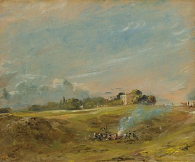 Een Uitzicht op Hampstead Heath, met figuren rond een vreugdevuur door John Constable