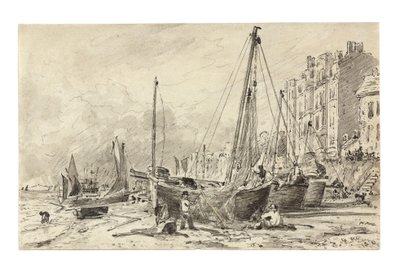 Gestrandde vissersboten met vissers die netten repareren op het strand van Brighton, kijkend naar het westen, ca. 1824-28 door John Constable