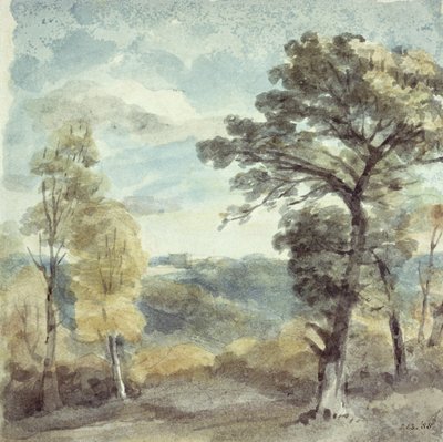 Landschap met bomen en een afgelegen herenhuis door John Constable
