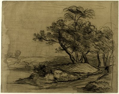 Rivieroever met bomen (recto); kudde vee onder bomen, met inzet van een schets van het landschap (verso) door John Constable