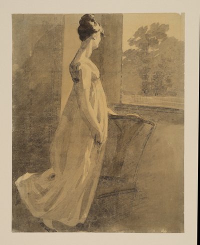 Vrouw rustend tegen een stoel en kijkend door een raam, recto, ca. 1806 door John Constable