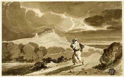 Vrouw met baby vlucht over heidevelden door John Constable