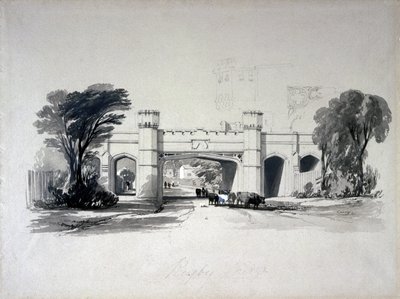 Rugby spoorbruggen gezien vanaf de weg, Warwickshire, april 1839 door John Cooke Bourne