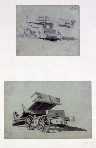 Twee voorbeelden van aannemers die wagons kantelen, 1830s door John Cooke Bourne