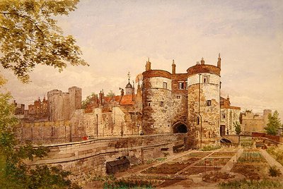 Uitzicht op de Tower of London, met Byward Tower, Beauchamp Tower, Devereux Tower en St. Thomas Tower door John Crowther