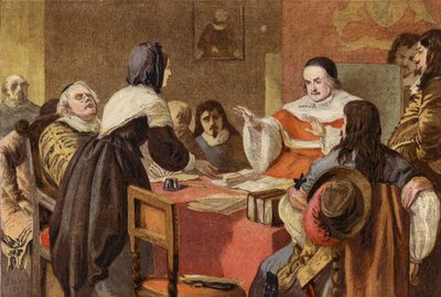 De vrouw van John Bunyan smeekt Sir Matthew Hale om de vrijlating van haar man uit de gevangenis van Bedford (chromolitho) door John Dawson Watson