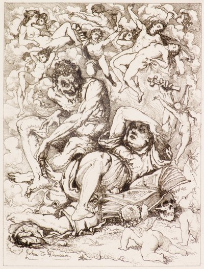 Liggende figuur met kruis, de duivel zit in de buurt omringd door zwevende figuren door John Duncan
