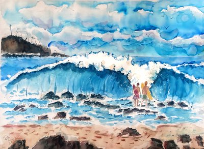 Surfers op Big Wave Beach door John Dunn
