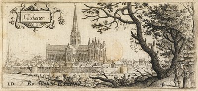 Twee figuren bij een grote boom rechts op de voorgrond; de stad Chichester in de verte; de stadsmuren door het tafereel; Chichester Cathedral in het midden, ca. 1660 (ets) door John Dunstall