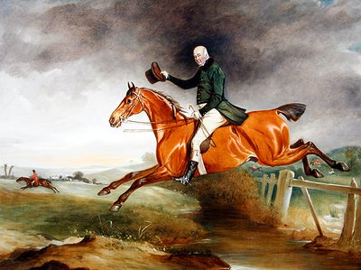 Portret van George Marriott op zijn bruine jager die een hek neemt met een jacht op de achtergrond door John E. Ferneley