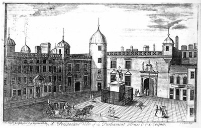 Een perspectiefweergave van het Parlementshuis en de Schatkist, Edinburgh, gegraveerd door A. Bell door John Elphinstone