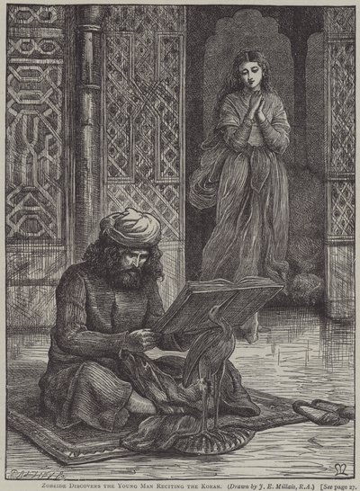 Zobeide ontdekt de jongeman die de Koran reciteert (gravure) door John Everett (after) Millais