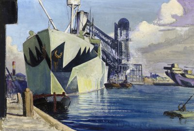 Dock Canada in Liverpool, met een verankerd oorlogsschip, geschilderd met kleurrijke camouflage door John Everett